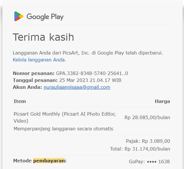 Email konfirmasi pembayaran