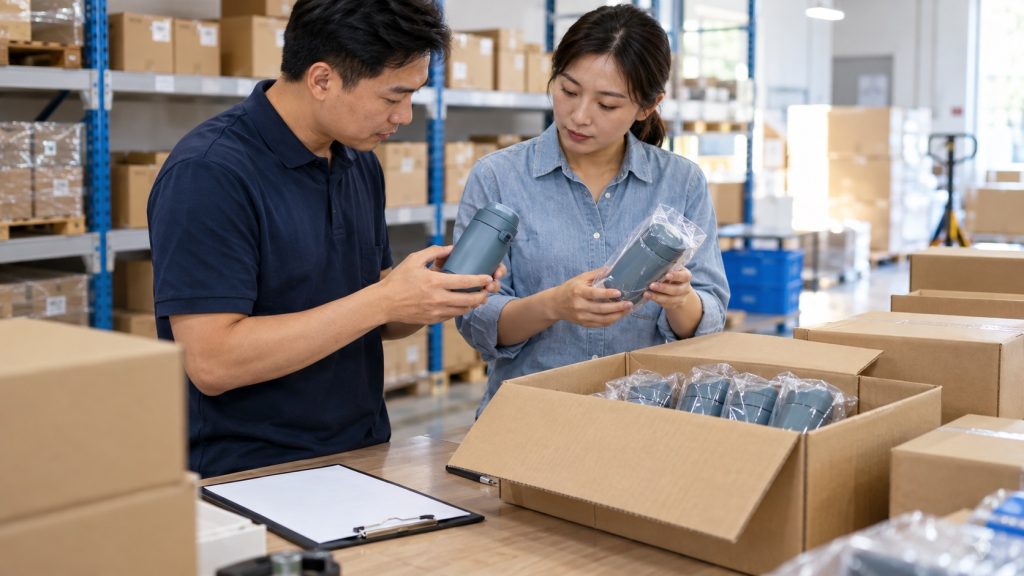Dua pekerja membandingkan contoh produk dengan barang yang sudah dikemas di meja pemeriksaan gudang
