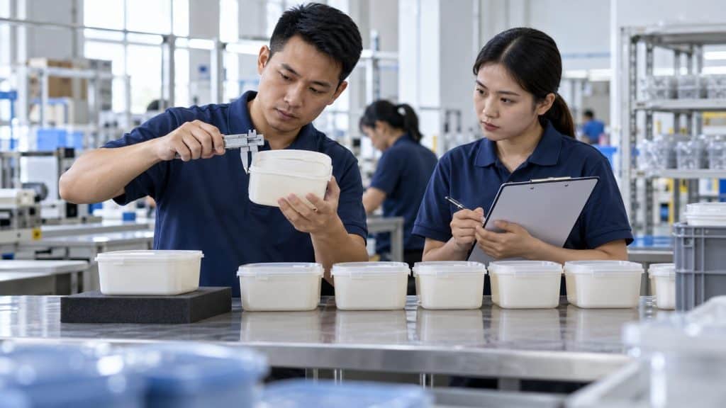 Dua pekerja memeriksa ukuran contoh wadah dan membandingkannya dengan unit hasil produksi di meja inspeksi