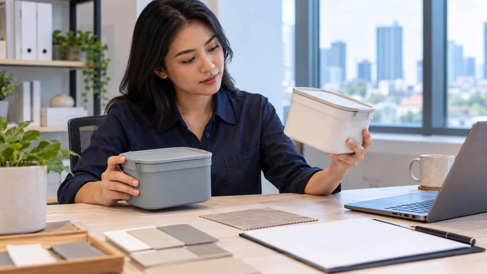 Pengelola produk membandingkan dua contoh wadah sebelum menyetujui produksi massal
