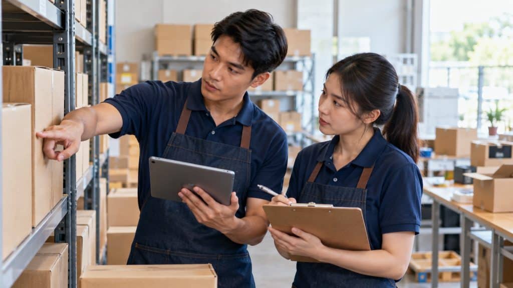 Dua pekerja gudang mencocokkan jumlah kotak di rak dengan catatan pada tablet dan clipboard